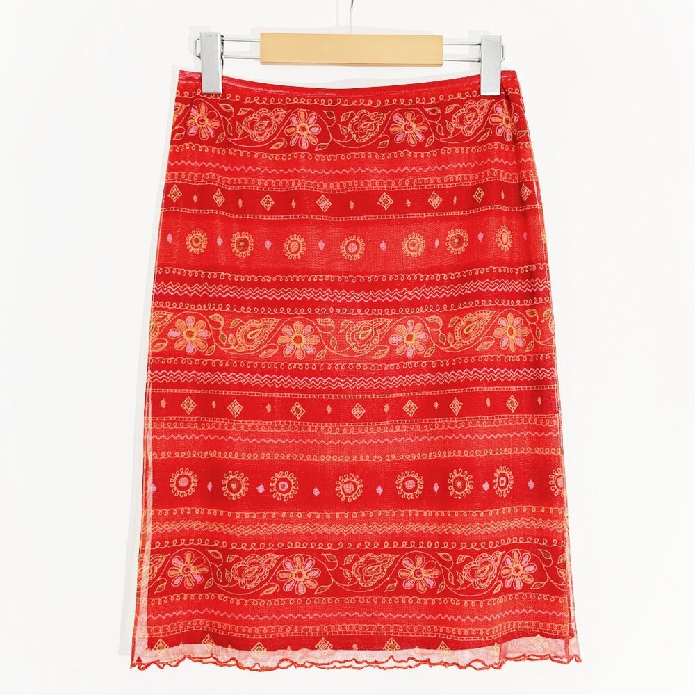 Vintage Red Floral-Print Midi Skirt